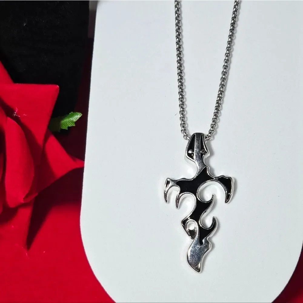 Men’s Fire Flame Cross Pendant Necklace Silver Stainless Steel Black Enamel Punk